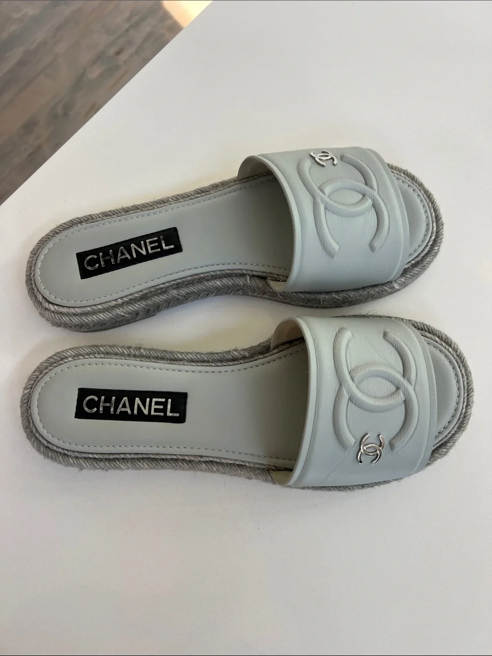 CHANEL light blue leather open toe flat CC sandals espadrilles braided jute 40C